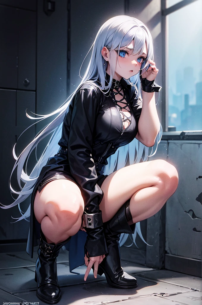 A beautiful woman with long silver hair and piercing blue eyes, dressed in grunge style clothes, full body portrait, highly detailed, concept art style, photorealistic, 8K, masterpiece