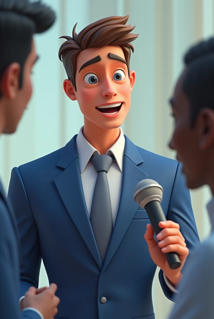 Create an animated interviewer with a microphone and a blue suit who speaks, make it a gif.