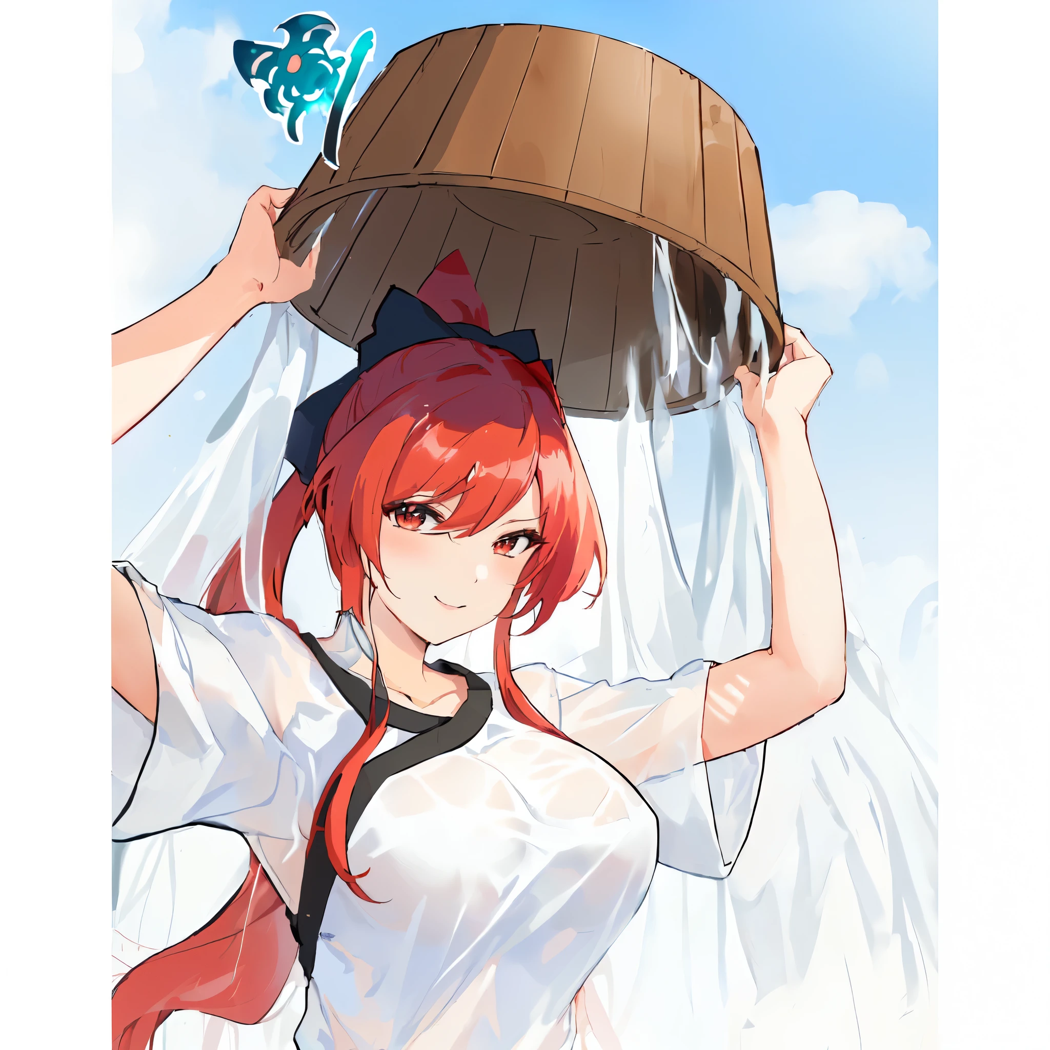 anime girl with red hair holding a bucket over her head, kantai collection style, onmyoji, ikki tousen, inspired by Nishikawa Sukenobu, from touhou, bian lian, jellyfish shrine maiden, , official fanart, ayaka game genshin impact, jellyfish shrine maiden 8k, ayaka genshin impact, beatiful boobs, transparent black clothing, big neckline, roupa sensuous, sexy girl, black bikini, black swimwear, Flying hair, sexy girl, sensuous, sorriso sensuous, charming smile, provocative clothes, big boobies, decote sensuous, sultry eyes, 8k, perfects eyes, lovely eyes, very perfect eyes