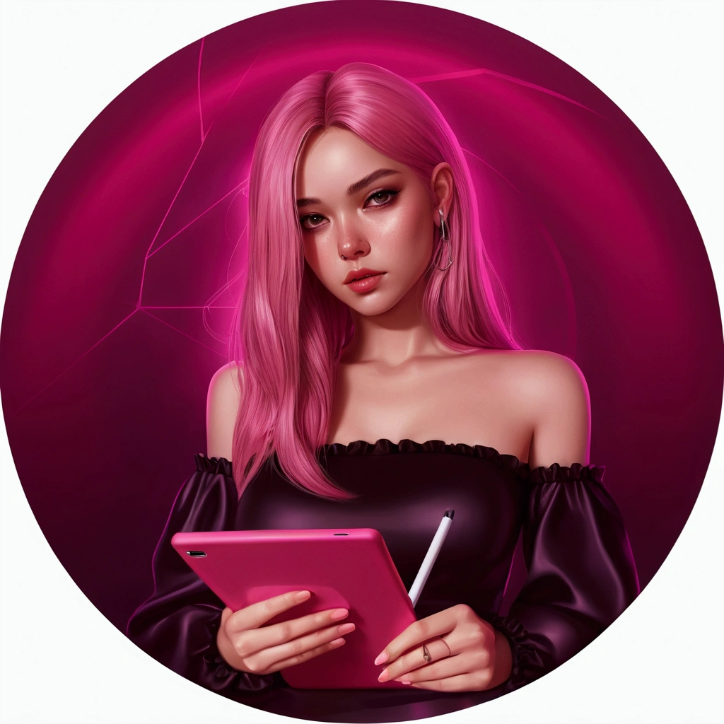 artwork depicting a woman with a tablet and pen, матовая digital illustration, digital illustration, in digital illustration style, pink girl, nft-portrait, Стилизованная digital illustration, Dreamy girl in cyberpunk style, glossy digital painting, stylized digital art, neoartcore and Charlie Bowwater, Digital fantasy illustration, Digital artist, реалистичная digital illustration, cyber school girl
