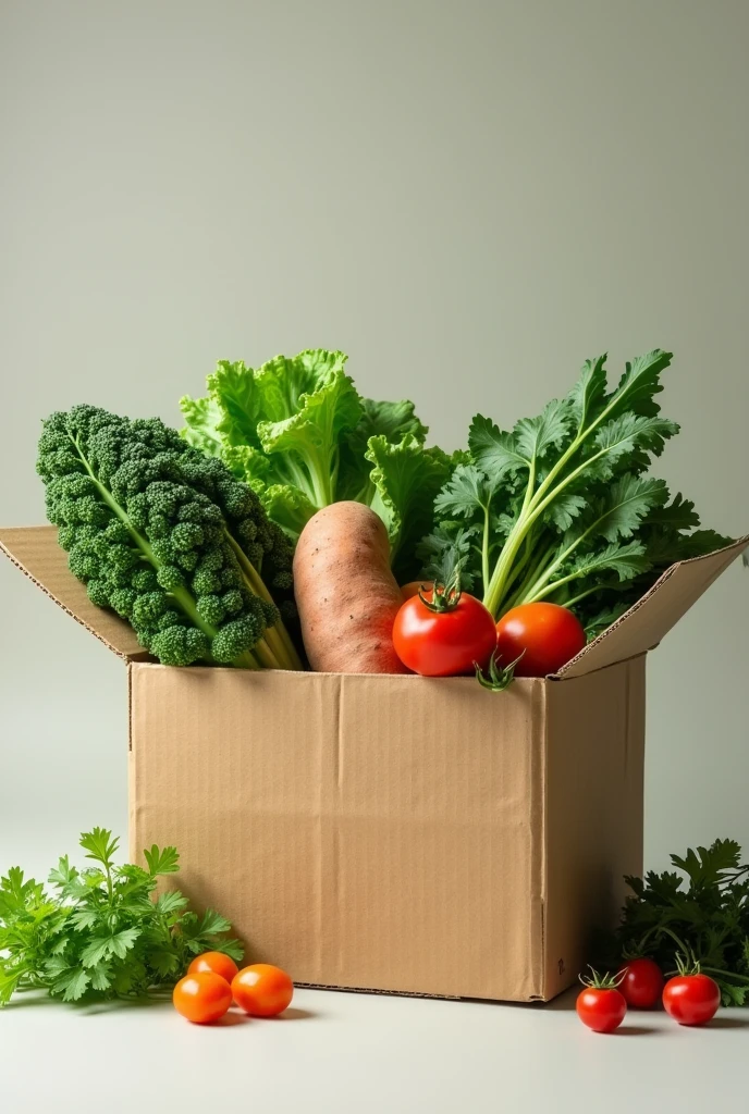 Generate an image with a cardboard box containing lettuce, kale, cilantro, sweet potato, and tomato.