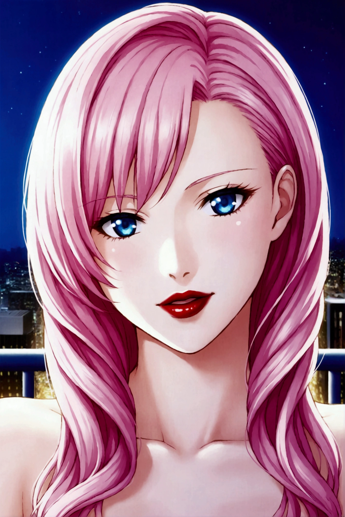 Girl, anime, pink hair with blue, blue eyes, red lips, background of a city, at night