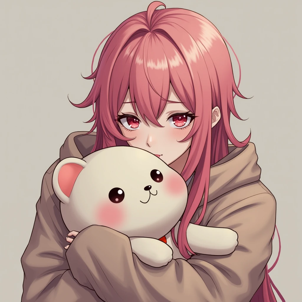 Korean male idol with pale skin and long pink hair, hugging a stuffed animal