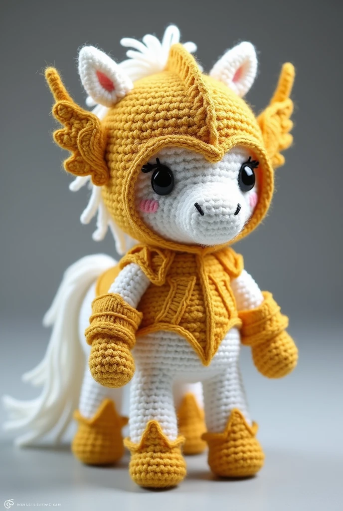 Crocheted amigurumi of the character Hylos from the game mobile legends, He is a white centaur with golden armor and a helmet with wings, he has elf features