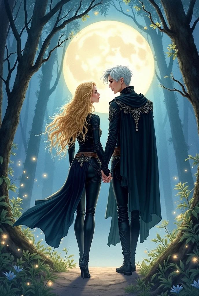 Create a realistic watercolor illustration of a romantic scene between a woman and a fae man. Celaena Sardothien, a tall young woman with long, wavy golden blonde hair and blue eyes, she is dressed in a tight black leather jumpsuit with reinforcements, belts and a dagger hanging from his waist. She wears a black hooded cloak that covers her head. Rowan Whitethorn, a fae man of about 25 years old, Tall and ethereal, he has short silver-white hair, green eyes and pale skin. He wears an elegant high-necked shirt, stylish trousers and a royal cloak with silver flashes.
In the illustration, Celaena and Rowan are together in a romantic pose, showing their special connection, whether walking hand in hand, looking at each other with affection, or sharing a moment of complicity. The background should be a magical and enchanted landscape, with moonlit forests, bright stars and ethereal details that enhance the romantic atmosphere. Use soft, bright colors to capture the beauty and connection between the characters, enhancing the magical and enchanting atmosphere of the scene.