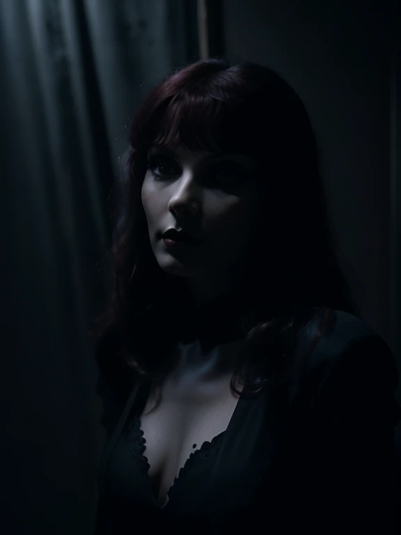 a beautiful pale woman (Beverly Crusher)with deep black hair, blood red lips, and sharp fangs, wearing a slinky black dress with a deeply plunging neckline, emerging from a mysterious fog in a 1950s bedroom, (best quality,4k,8k,highres,masterpiece:1.2),ultra-detailed,(realistic,photorealistic,photo-realistic:1.37),dramatic lighting, moody atmosphere, cinematic, highly detailed, dark fantasy, dark and moody, chiaroscuro lighting, dramatic shadows, hyper realistic, gothic glamour, alluring and seductive