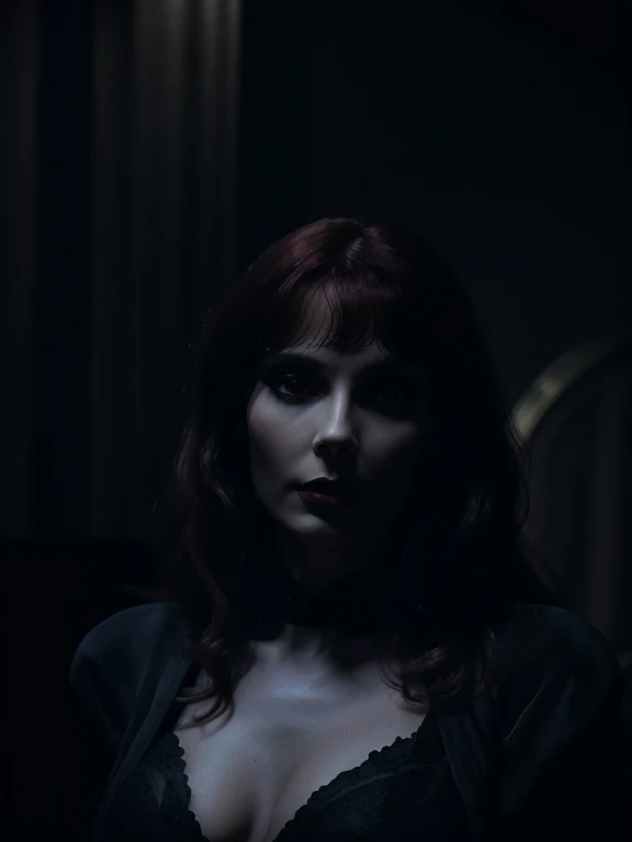 a beautiful pale woman (Beverly Crusher)with deep black hair, blood red lips, and sharp fangs, wearing a slinky black dress with a deeply plunging neckline, emerging from a mysterious fog in a 1950s bedroom, (best quality,4k,8k,highres,masterpiece:1.2),ultra-detailed,(realistic,photorealistic,photo-realistic:1.37),dramatic lighting, moody atmosphere, cinematic, highly detailed, dark fantasy, dark and moody, chiaroscuro lighting, dramatic shadows, hyper realistic, gothic glamour, alluring and seductive
