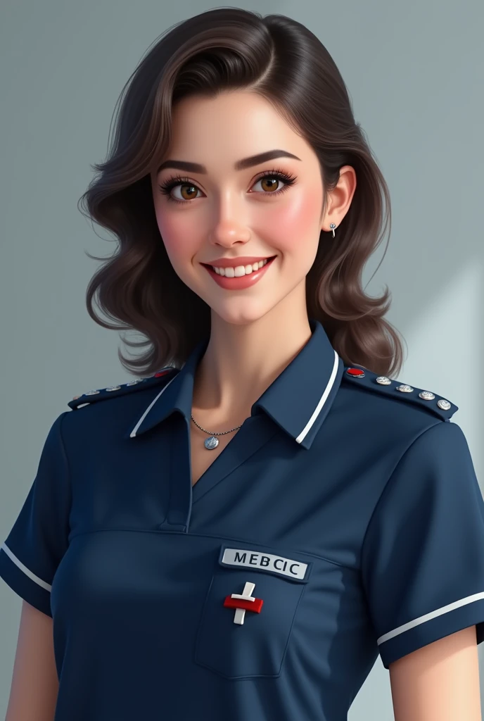 Nurse in a modern navy blue medical uniform, Monroe style