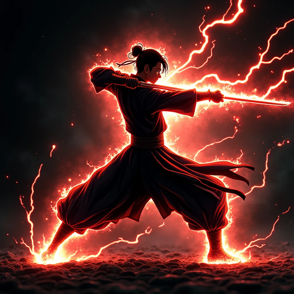 .((Best Quality)), ((masterpiece)), ((detailed)), ((High Definition)), an electric aura of sword cuts in anime style, all color red lightning, with the black silhouette of a swordsman in the center, dynamic movements, fighting pose, sword thrust, running fast forward, with the lightning on his back, cutting the air, as it moves forward, technique, from the red lightning sword god . With a black background.