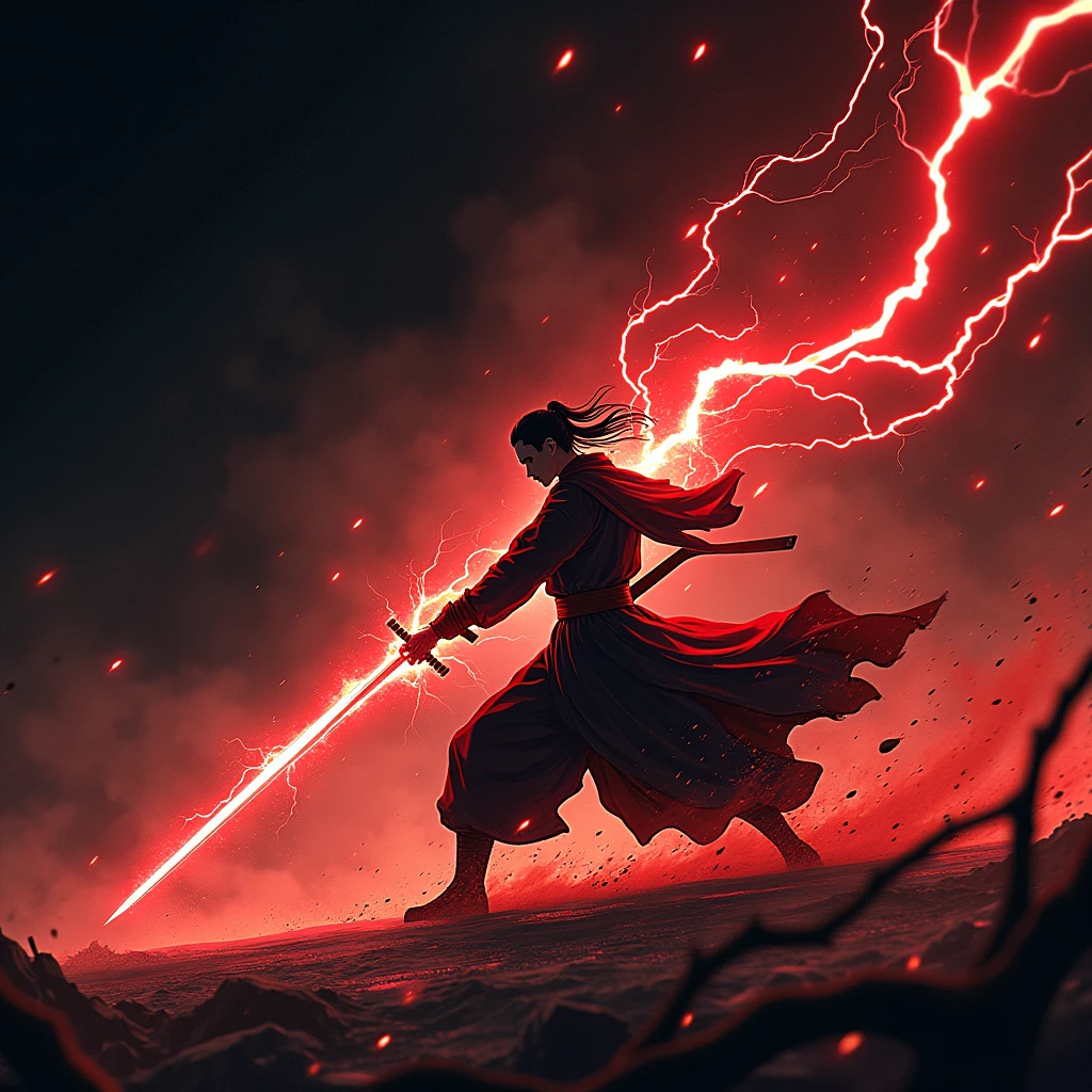.((Best Quality)), ((masterpiece)), ((detailed)), ((High Definition)), an electric aura of sword cuts in anime style, all color red lightning, with the black silhouette of a swordsman in the center, dynamic movements, fighting pose, sword thrust, running fast forward, with the lightning on his back, cutting the air, as it moves forward, technique, from the red lightning sword god . With a black background.