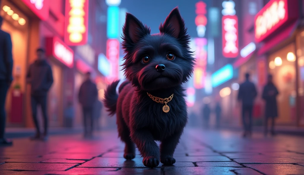 Fashionable dog Xiao Ming confidently strides through the bustling streets of the city. The background is illuminated by colorful neon lights, casting a dreamy glow. Xiao Ming sports a chic black coat, exuding elegance and confidence with every step.