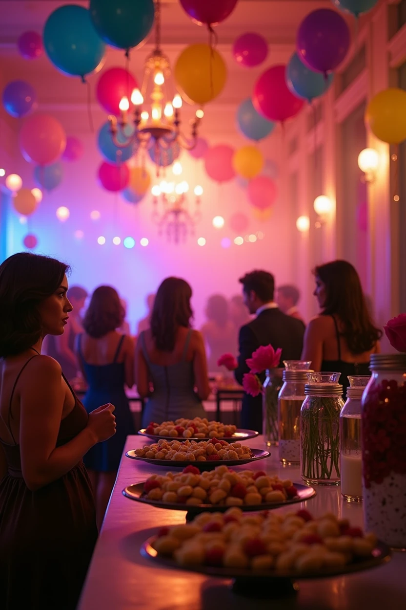 a party hall with extravagant decor, including colorful balloons and a canapé buffet in rustic jars, but with poorly distributed guests and a sense of discomfort. The music feels out of place, suggesting a failed attempt to modernize the space.realisitic,cinematic, 8k 