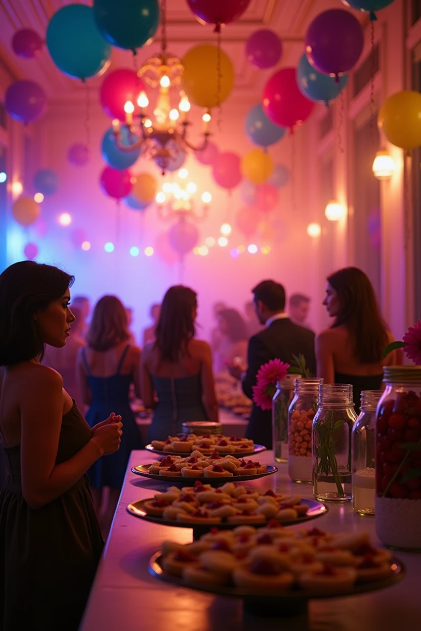 a party hall with extravagant decor, including colorful balloons and a canapé buffet in rustic jars, but with poorly distributed guests and a sense of discomfort. The music feels out of place, suggesting a failed attempt to modernize the space.realisitic,cinematic, 8k
