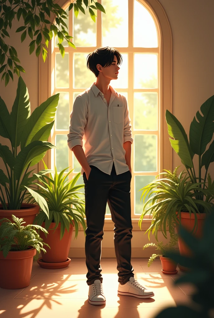 Man, standing on campus, wearing black Cort  pants, black hair, indoors, soft lighting, plants in background, window with sunlight, college campus, relaxed pose, realistic, intricate details, warm colors, by Greg Rutkowski, by Alphonse Mucha