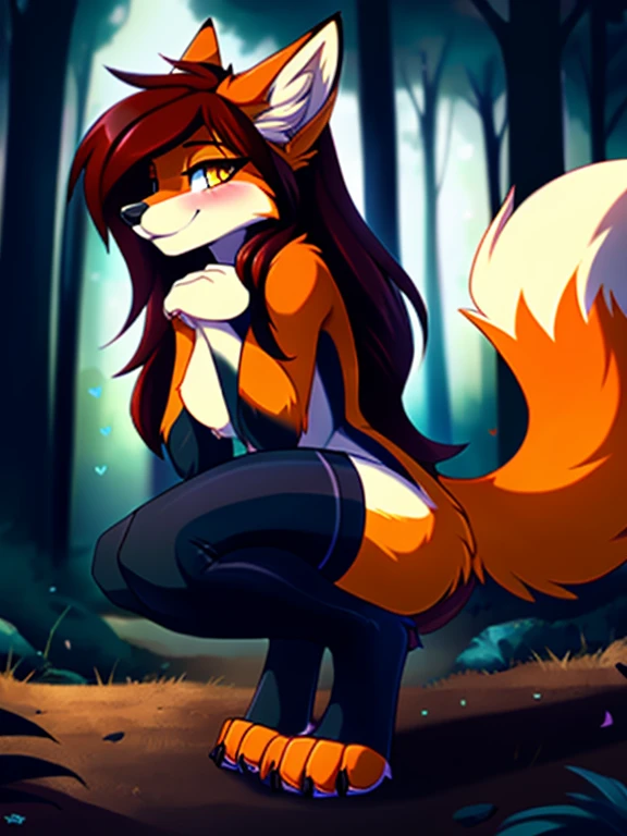 (((woman, extremely detailed, extremely detailed legs, extremely detailed arms, extremely detailed face, perfectly detailed eyes, perfectly detailed anatomy))): 1.2, beautiful and detailed portrait of an anthropomorphic vixen ((female))), anthro, female, red fox, high definition, good anatomy, orange fur, orange body, highly detailed face, deep yellow iris, yellow eyes, red hair, long hair, speech bubble, heart, hearts, dark lighting, moody lighting, sexy body, slanky body, sexy face, nice, hot, cute, pawpads, cute paws, in a forest, crouching, side view, blushing, friendly smile, smile, friendly, elegant, dark, mysterious, alluring, beautiful, thigh highs, SFW, sfw (safe for work), furr covering chest