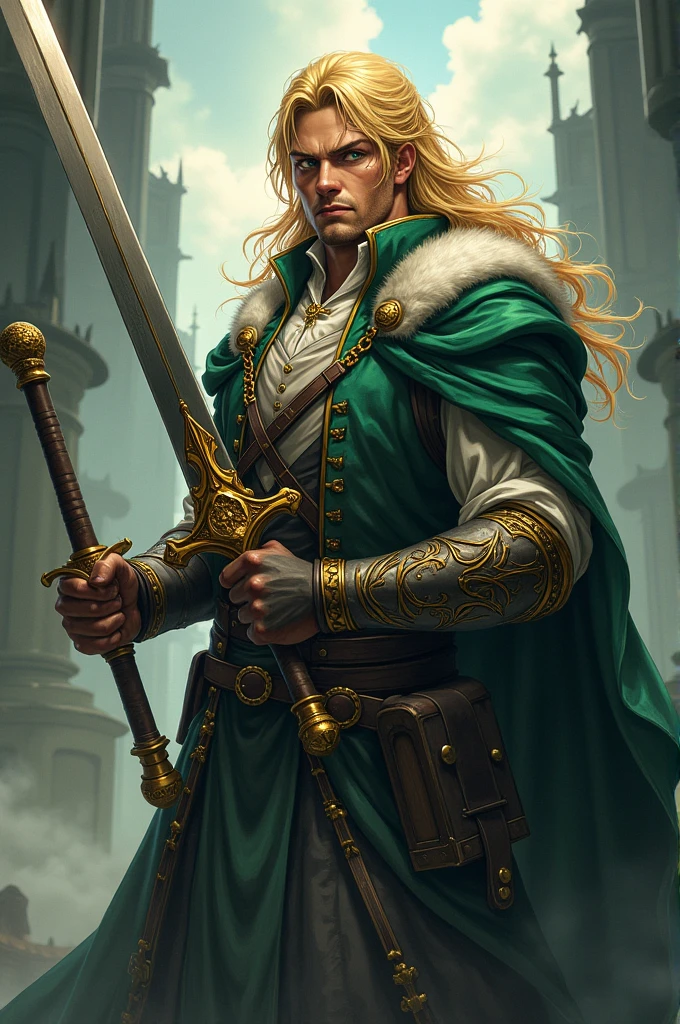 Blond man with long hair, with the clothes of a nobleman, com um grande claymore, green eyes and a scar on the mouth, anime styling