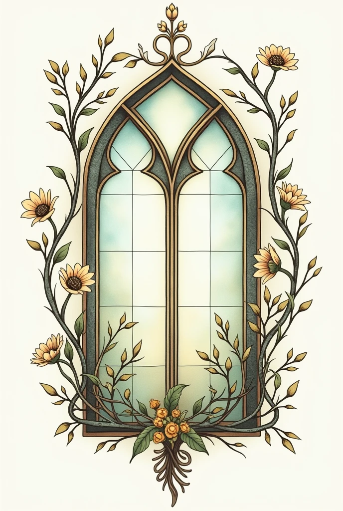 
The church window is framed by fine, filigree flowers and delicate branches. These flowers are supposed to resemble bellflowers that gently wind around the window. The branches are elegantly curved, with small buds and leaves, which give the design a natural and organic touch.
The lines should be thin and detailed, to give the tattoo a delicate and elegant aesthetic. The colors could be black-gray for the lines, while the church window with subtle shades of color such as pale blue, Green and gold are emphasized, to simulate the glass effect of a real church window.

Create an image according to the description 
