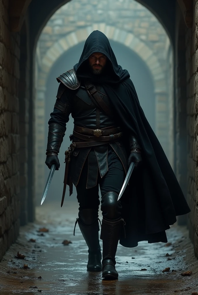 human fantasy male rogue named henry cavill, 50 years old, short dark hair, scar on face, black leather armor, dagger in each hand, black hood on head, hiding in the shadows, muted color palette, dramatic atmosphere, cinematic composition, highly detailed, 8k, photorealistic, Frazzetta style, stealthing down a medieval hallway