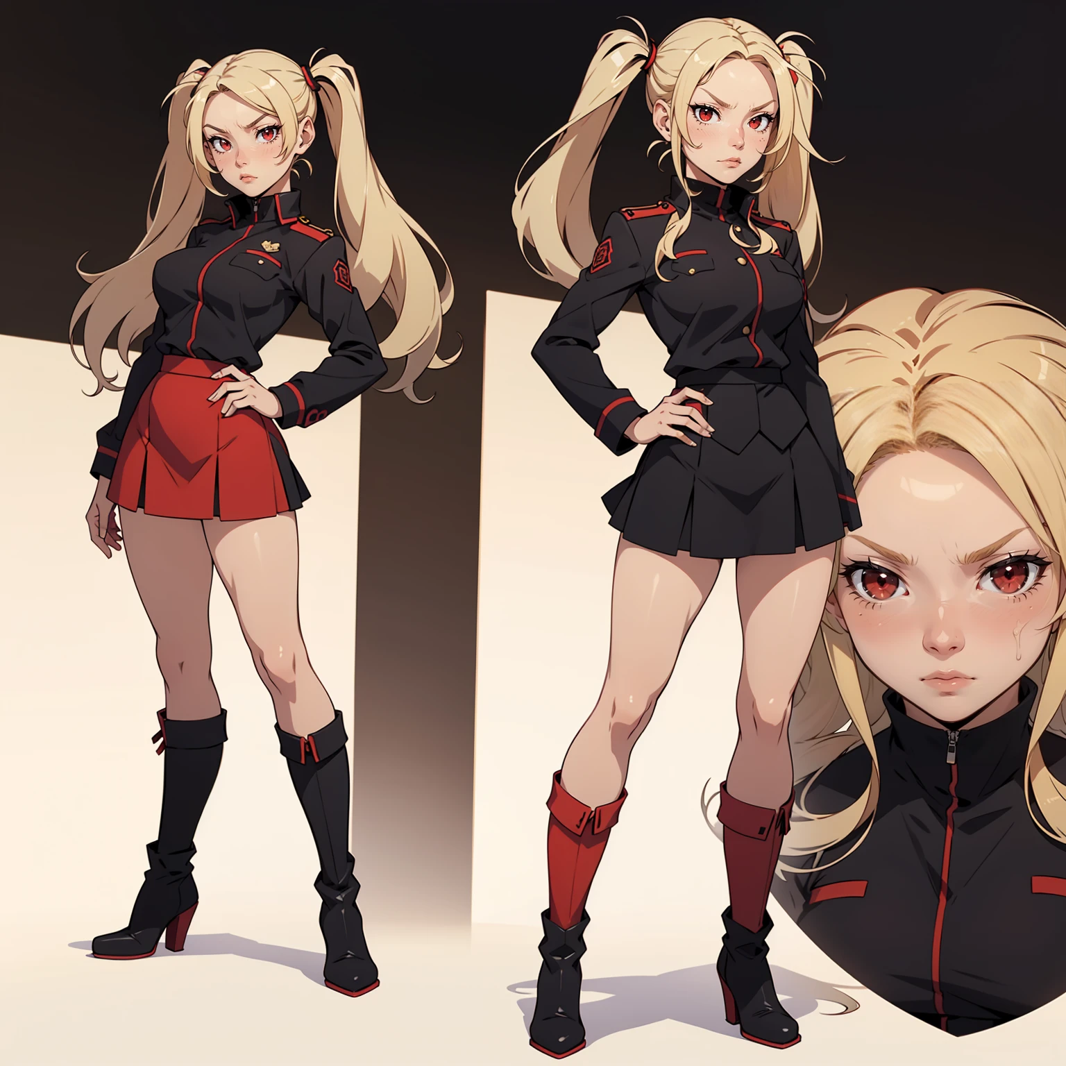 Very detailed, serious facial expression,  figure, full body view, blonde hair with twintails, red eyes, looking at viewer, black and red uniform, skirt, black boots.