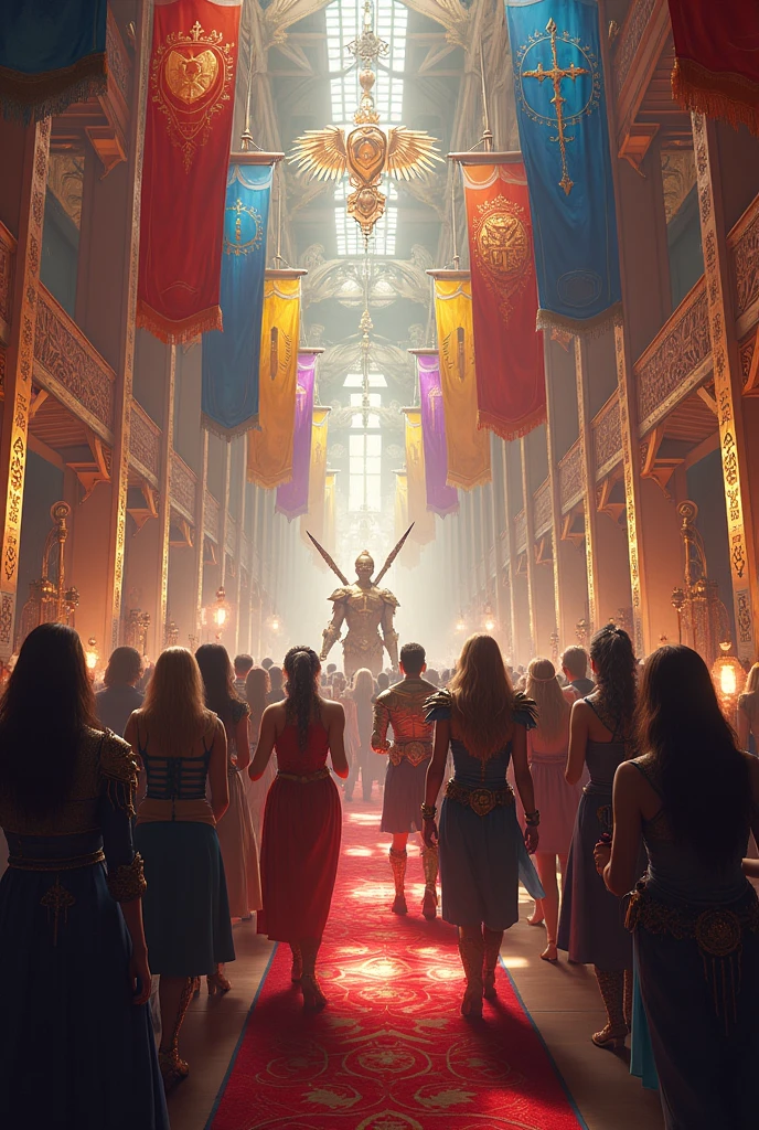 make a party room, with shields and colorful flags, bringing the demiedal and new together. in the valhada theme
