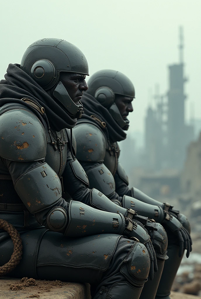 Two futuristic soldiers, In an apocalyptic world, with their damaged armor, sitting looking at the landscape 
