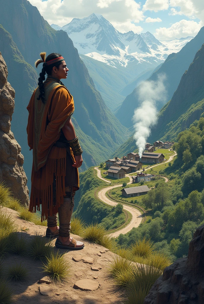 Image of an Inca standing on a path, observing the first huts of the village. He is looking at the smoke rising from the cooking fires of the houses.
