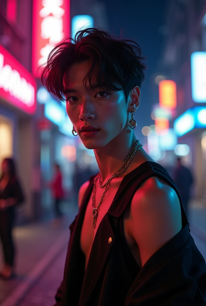 8K, masutepiece, Raw photography, Best Quality, Photorealistic, Highly detailed CG Unity 8K wallpapers, depth of fields, Cinematic Light, Lens Flare, Ray tracing, (Very beautiful and charismatic face, Beautiful lips, Beautiful eyes), intricately detailed face, (Ultra detailed skin), 1 man, In nature, In the deep shadows, Beautiful European Man, Kpop Idol, 1 male, (very strong and muscular body:1.3), (looking at audience), (Great determined appearance) :1.3), (Sleeveless), (Fashion City Night, a dark night, neon signs, Blurred background), Fashion Street Night, (The person behind々:1.3), Beautiful earrings, Bracelets, Necklace, pantyhose, Clear eyes, Walking, (pale skin), (Big eyes), Face forward, (upperbody shot), (loose-fitting clothes:1.3), (Brown hair), (Bosch Clothing, (Transparent), (looking at audience:1.3) Very strong ,, back turned, (Back shot), Transparent, Medium hip.