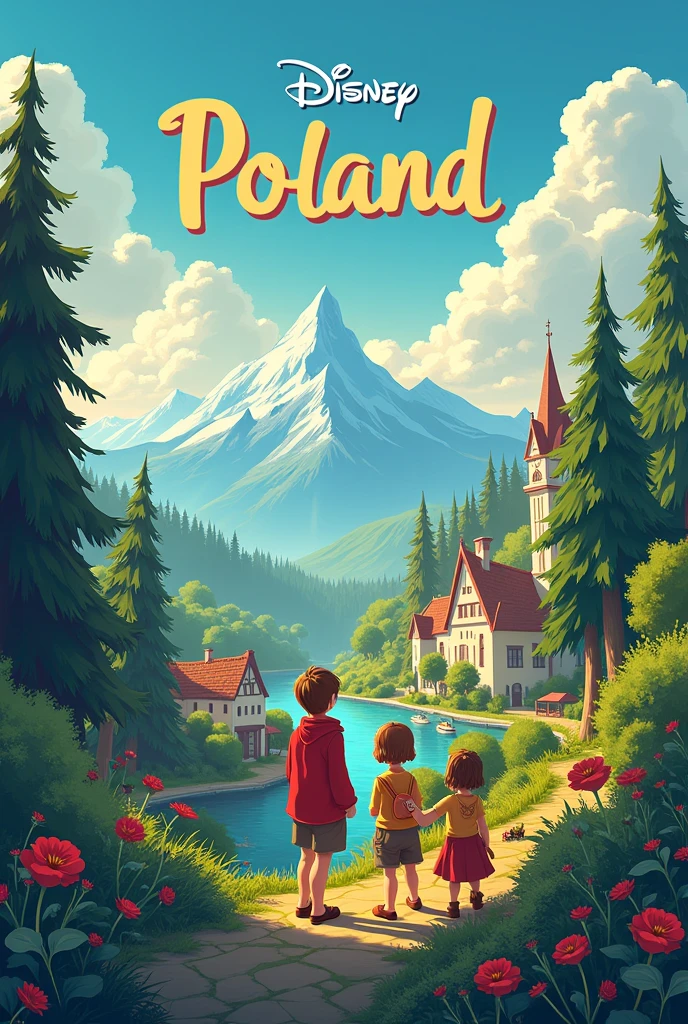 Generate a disney like movie poster that would be placed in Poland with its landmarks. Add title Poland in top middle of the poster