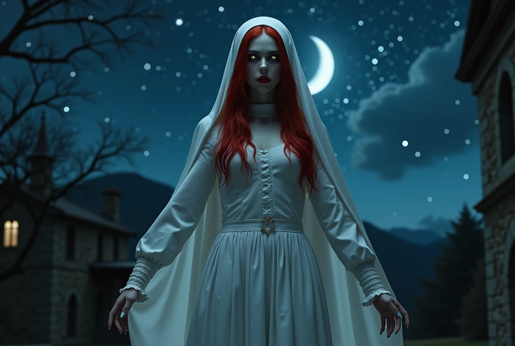 (no nudity: 1.5), a picture of an exquisite beautiful female nun vampire standing under the starry night sky on the porch of her monastery, (pale skin: 1.3), red hair, wavy hair, dynamic eyes color, cold eyes, glowing eyes, intense eyes, dark red lips, ((fangs: 1.1)), wearing (white nun uniform: 1.3), long cloak, flowing cloak, wearing (high heeled boots: 1.3), sky full of stars background, moon, action shot, high details, best quality, 16k, ((ultra detailed: 1.5)), masterpiece, best quality, portrait shot, photorealism, dark fantasy art, gothic art, many stars, sense of dread, GlowingRunesAI_red, Cinematic Hollywood Film style, , dark novel, Cinematic Hollywood Film style