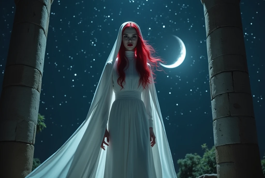 (no nudity: 1.5), a picture of an exquisite beautiful female nun vampire standing under the starry night sky on the porch of her monastery, (pale skin: 1.3), red hair, wavy hair, dynamic eyes color, cold eyes, glowing eyes, intense eyes, dark red lips, ((fangs: 1.1)), wearing (white nun uniform: 1.3), long cloak, flowing cloak, wearing (high heeled boots: 1.3), sky full of stars background, moon, action shot, high details, best quality, 16k, ((ultra detailed: 1.5)), masterpiece, best quality, portrait shot, photorealism, dark fantasy art, gothic art, many stars, sense of dread, GlowingRunesAI_red, Cinematic Hollywood Film style, , dark novel, Cinematic Hollywood Film style