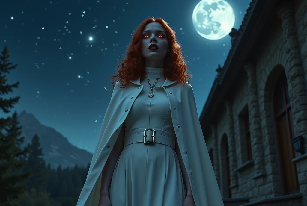 (no nudity: 1.5), a picture of an exquisite beautiful female nun vampire standing under the starry night sky on the porch of her monastery, (pale skin: 1.3), red hair, wavy hair, dynamic eyes color, cold eyes, glowing eyes, intense eyes, dark red lips, ((fangs: 1.1)), wearing (white nun uniform: 1.3), long cloak, flowing cloak, wearing (high heeled boots: 1.3), sky full of stars background, moon, action shot, high details, best quality, 16k, ((ultra detailed: 1.5)), masterpiece, best quality, portrait shot, photorealism, dark fantasy art, gothic art, many stars, sense of dread, GlowingRunesAI_red, Cinematic Hollywood Film style, , dark novel, Cinematic Hollywood Film style