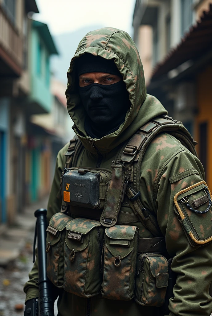 Soldier in camouflage clothing and a balaclava in the Rocinha favela, Rio de Janeiro, Brazil