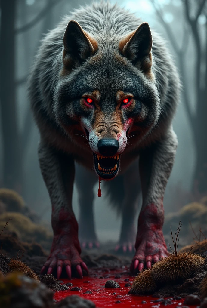 Blood-covered murderous wolf with a chilling gaze