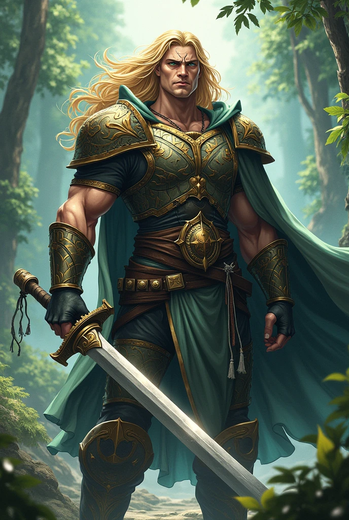 Blond man with long hair, with the clothes of a nobleman, com um grande claymore, green eyes and a scar on the mouth, anime styling