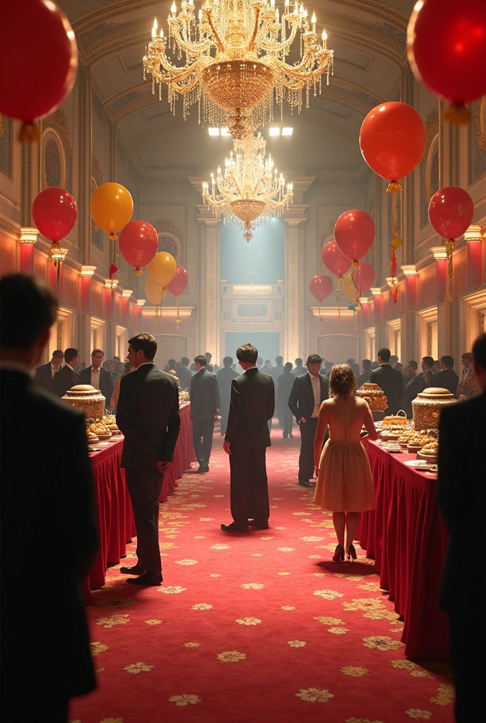 A luxurious ballroom with extravagant décor, including colorful balloons and a buffet of canapés in rustic jars, but with poorly distributed guests and a sense of discomfort. The music seems out of place, suggesting a failed attempt to modernize the space.