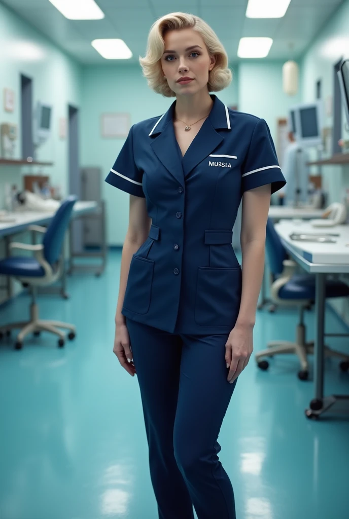 nurse in a navy blue Monroe-style full-body clinical suit 