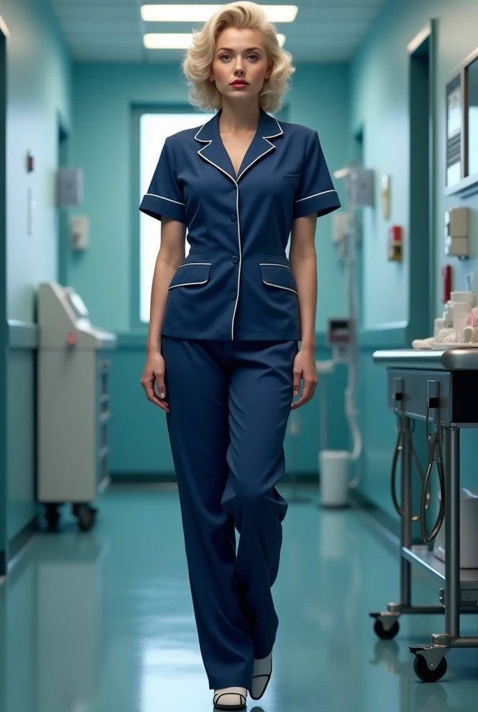 nurse in a navy blue Monroe-style full-body clinical suit 