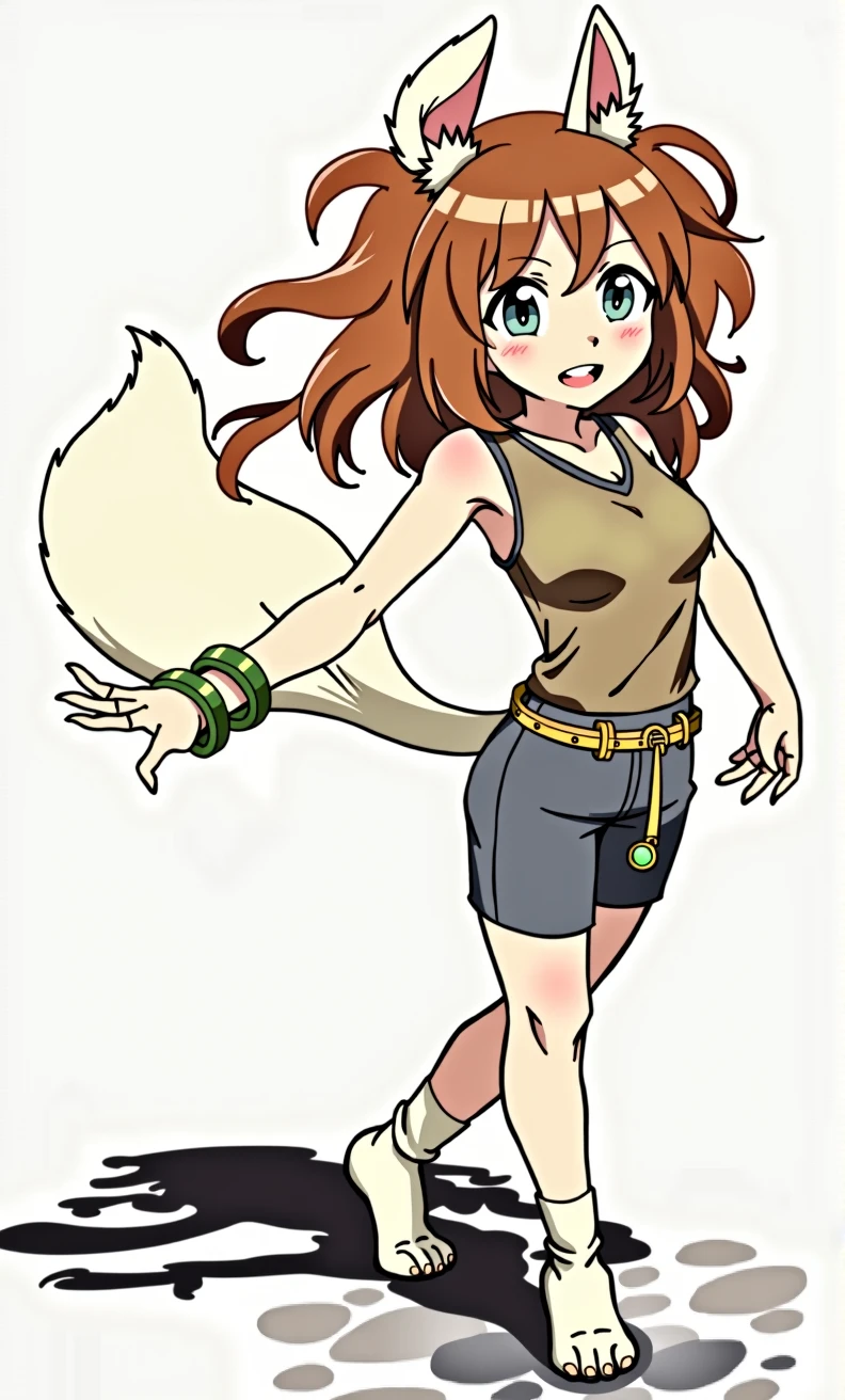 milla basset, masterpiece, best quality, 1girl, solo, long hair, looking at viewer, bangs, brown hair, shirt, animal ears, hair between eyes, bare shoulders, jewelry, breasts, green eyes, standing, tail, thighs, outside, shorts, sleeveless, shiny, bracelet, standing, full body