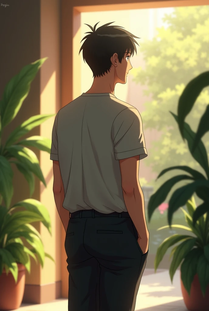 Man, standing on campus, wearing black Cort pants, black hair, indoors, soft lighting, plants in background, with sunlight, college campus, relaxed pose, realistic, intricate details, warm colors,