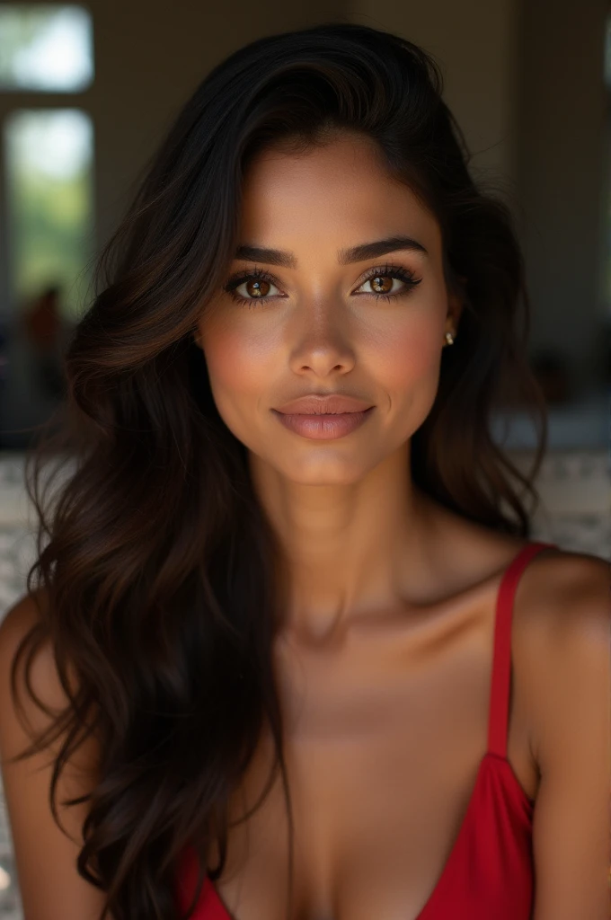 best quality, face focus, soft light, ultra high res, (photorealistic:1.4), RAW photo, 1 Tammana Bhatiya , solo, cute, (pupil, lights in the eyes), detailed beautiful face, (small chest),(high resolution detail of human skin texture), (long hair), indoor, red bikini Dress, (portrait)