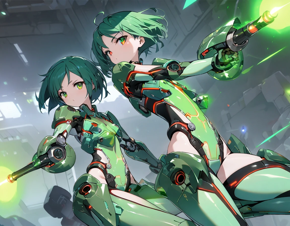 science fiction, machine girls(twins, metallic skin, metallic green hair, short hair, cyber joint, ball joint, green flash eyes, green arm armor, green leg armor, deep green body armor)