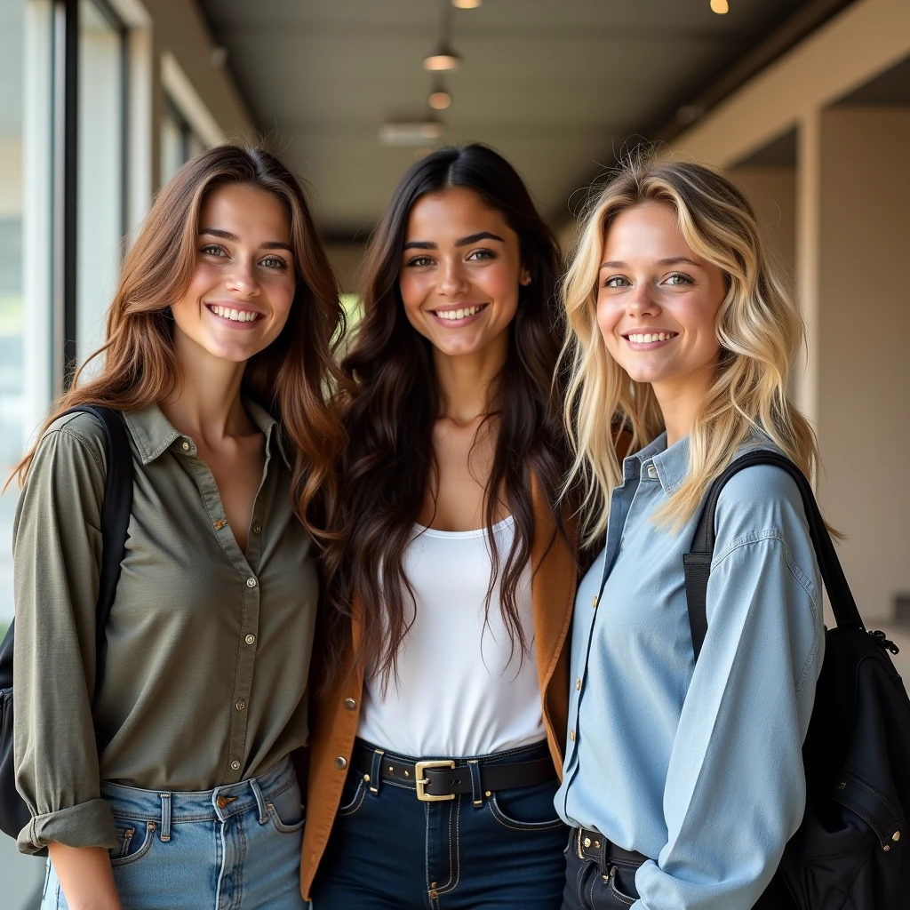 Photographie de trois femme, brune et chatain et blonde de classe, en tenue d’ecoliere