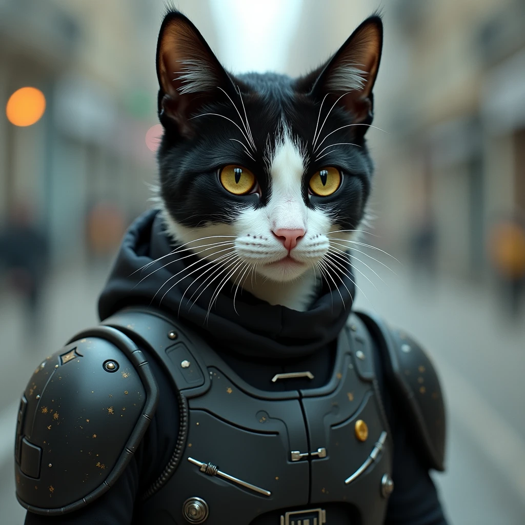 Un personnage de science fiction avec un chat noir et blanc