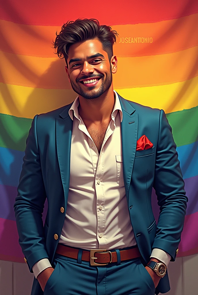 Generate an image of a gay man. , that it has a gay flag in the background, and that it has a sign that says “JOSEANTONIO”