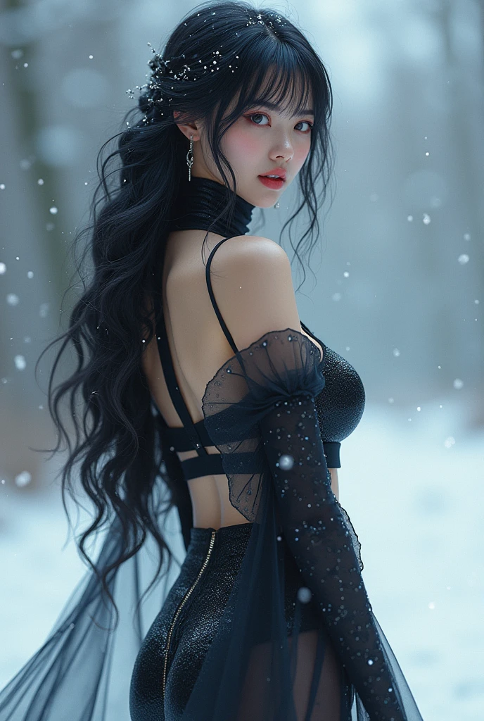 winter from aespa with voluptuous body, long black hair  