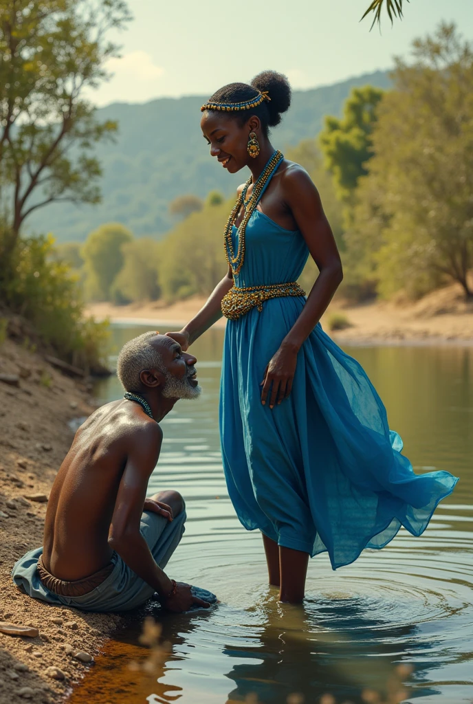 Olama Is a beautiful blind queen, she is putting on a blue dress with beads on her head and her waist representing her royalty she is dark and has a stunning smile . The picture should be in Africa way make her to appear in a river playing with water and an elderly man approach her while she was still in the river , keep her face consistent like the previous images . the elderly man was kneeling down begging olama , olama had surprises writing all over her face , olama had curious writing all over her face