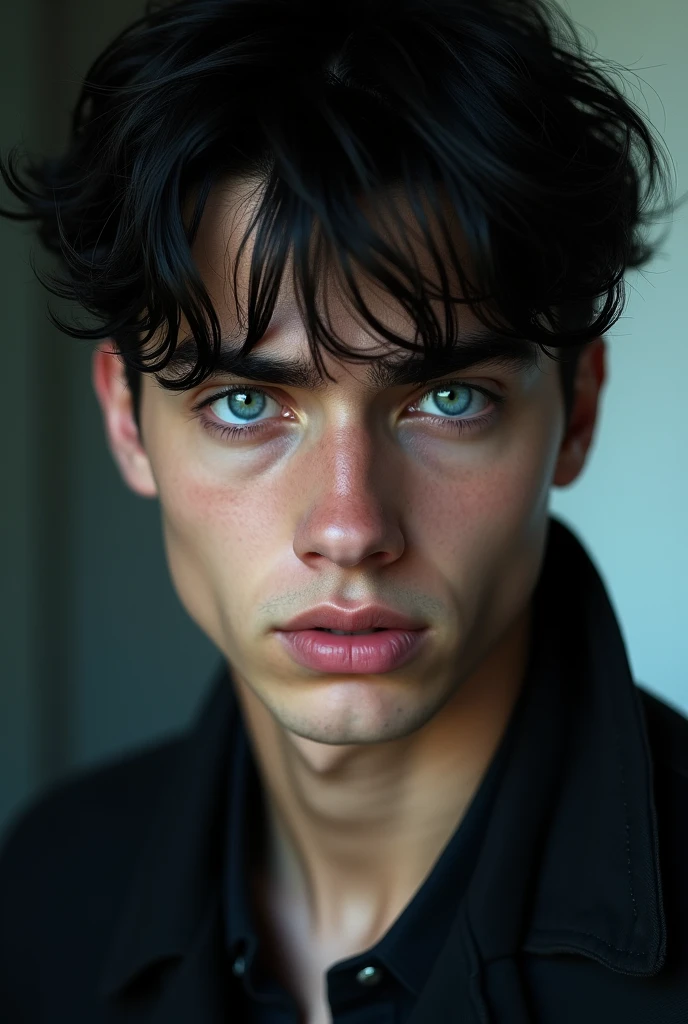 He had a pretty charming smile but when you really get to know him it turns out to be twisted and sinister, his face was perfectly symmetrical and attractive, He has a strong, defined jawline, which gave him an air of roughness and distrust, but behind his mismatched blue eyes - one intense and bright, the other dark and mysterious - a cold, calculating mind hid. His gaze was hypnotic, but also unsettling, as if he could see through you and manipulate you at will. His dark black hair fell over his forehead in messy strands. His eyebrows were thick and well-defined, and often furrowed in an expression of disgust and nonconformity, his clothes were impeccable and casual, he seemed to want to show off his perfection, EVEN WITHOUT A BEARD AND WRINKLES, HE IS 21 YEARS OLD.