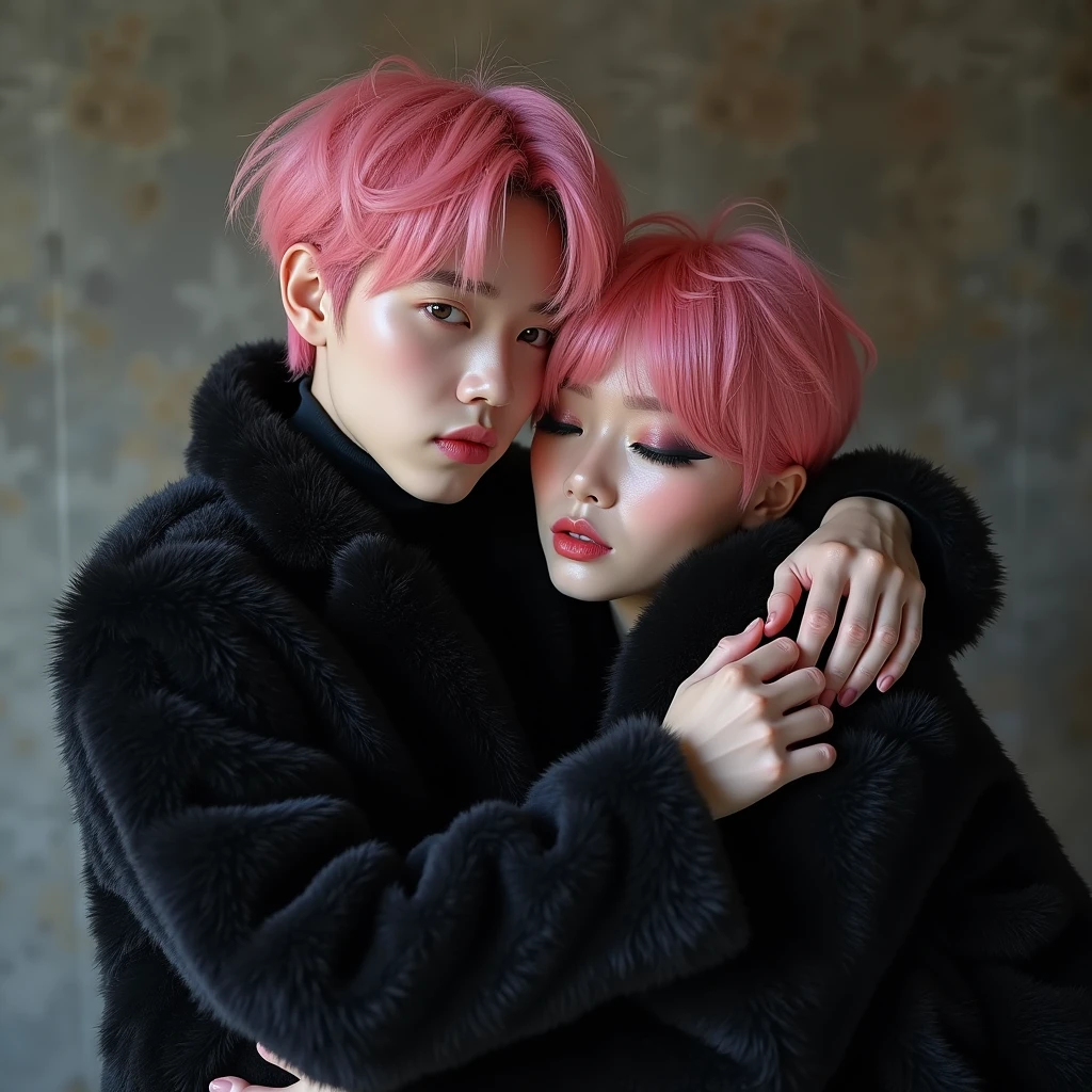 realistic Korean man of 25 years, pink hair and good body, hugs a gothic style plush