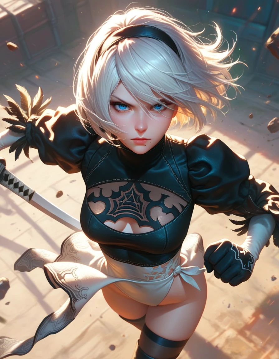 score_9, score_8_above, score_7_above, 1 girl, 2B from Nier:automata, looking at the viewer, fighting stance, cowboy shot