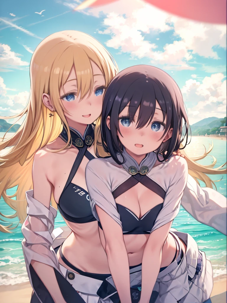 One mature woman with long blonde hair and large breasts.、One black-haired male,Fresh face,Walking together、Dating at the beach、Two people walking hand-in-hand on the sandy beach、See each other、smile、Open your mouth a little、Summer landscape、Swimwear、Upper Body、blush、Shy、To intertwine each other's arms、ビキニのSwimwearを着た女性、belly button、